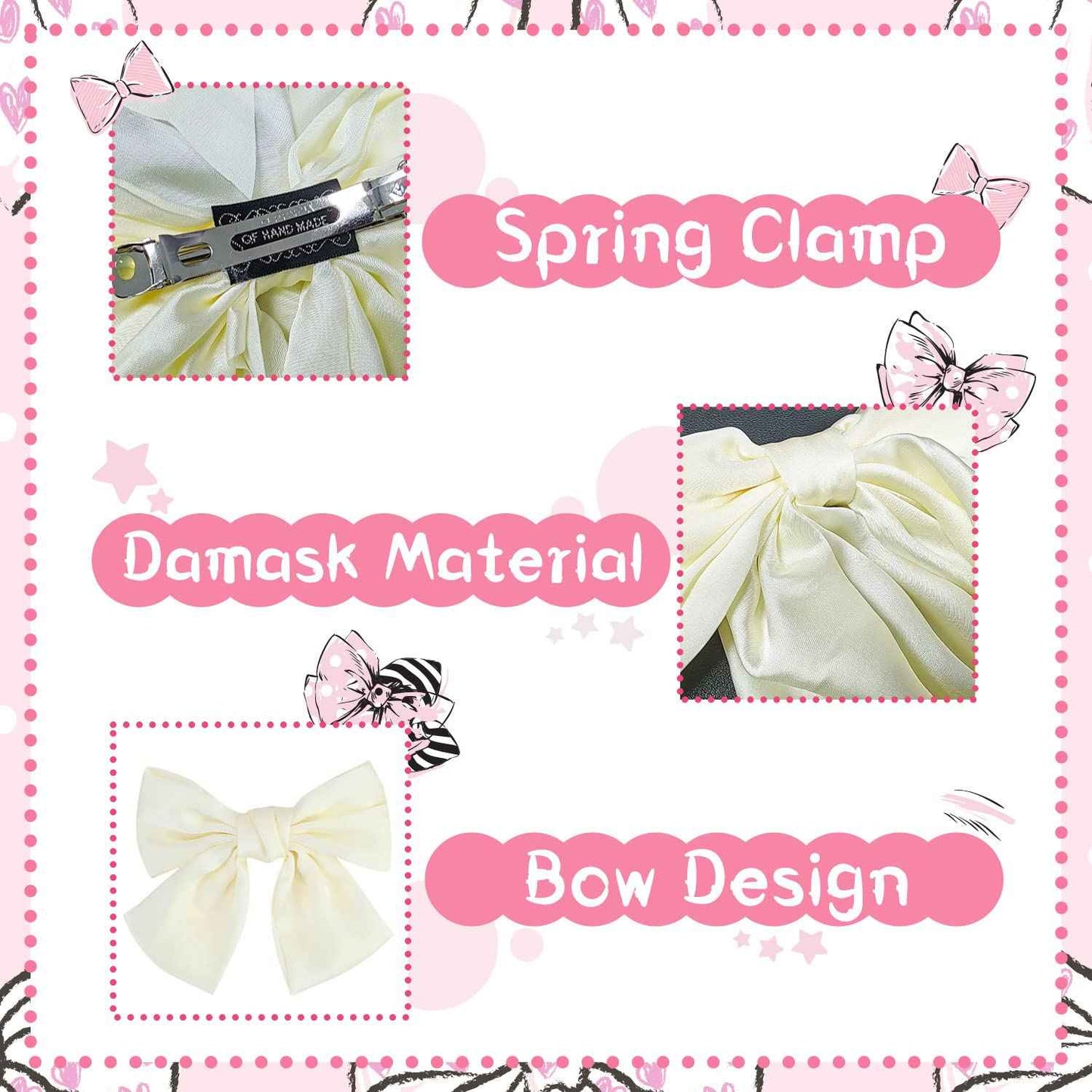 Bow Hair Clip, Pack of 2 Women Hair Bows Large Bow Hair Clip French Hair Clips Girls Hair Clips (Black + White)