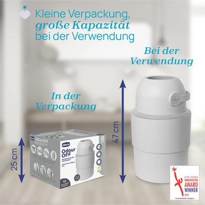 Chicco Windeleimer Odour Off, geruchsdichtes System, platzsparender Baby Windeleimer mit Deckel, einfach zu benutzen und zu reinigen, Ohne Nachfüllkassetten, funktioniert mit herkömmlichen Tüten