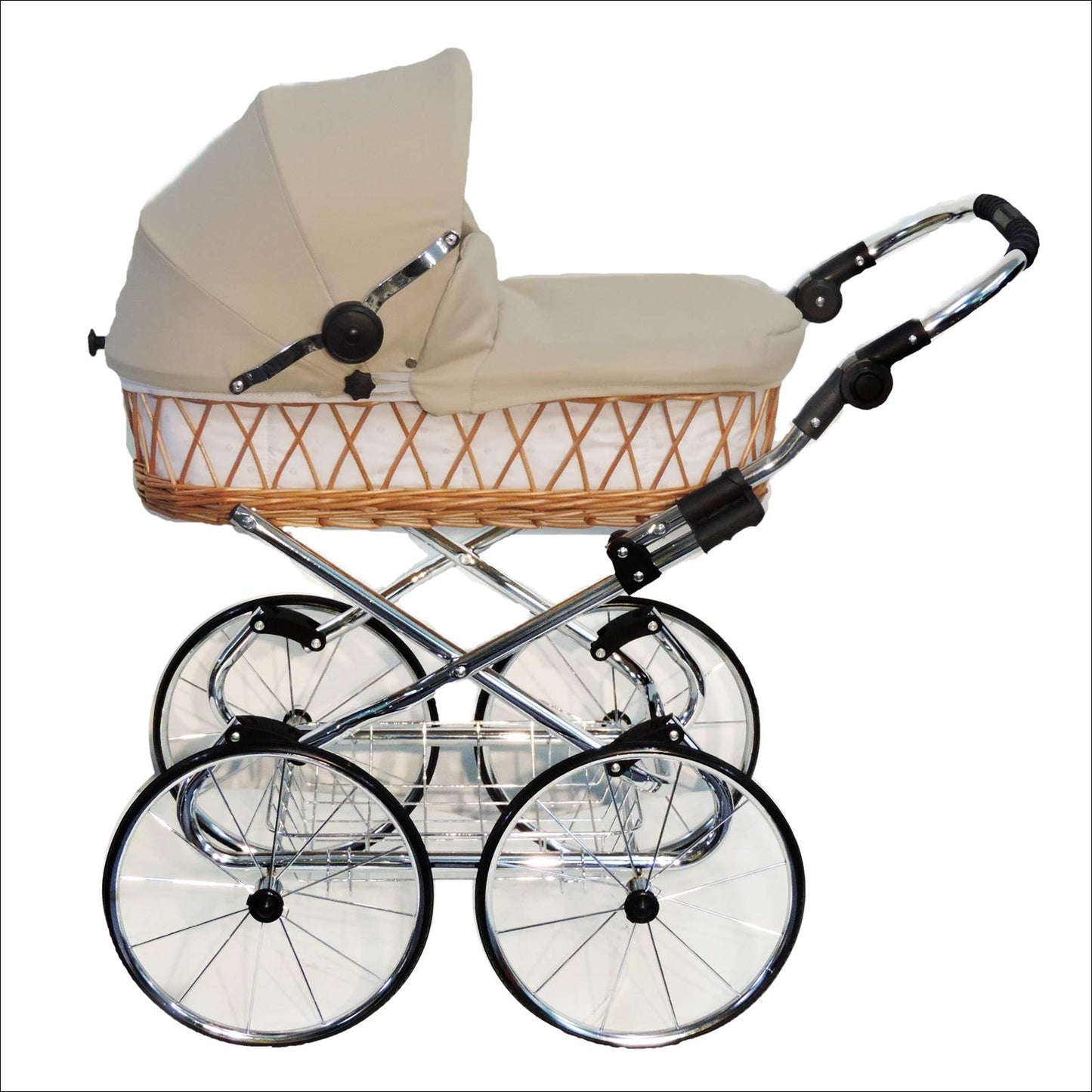 EICHHORN Kinderwagen Wicker Basket Doll's Pram Retro Toy Classic (Basket Natural, Fabric Navy Blue)