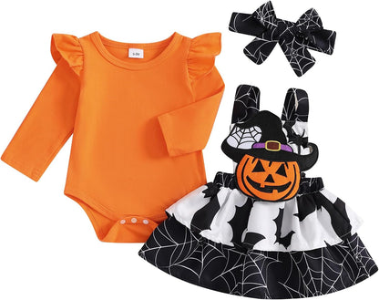 ESSECMBS Infant Baby Girl Halloween Romper Skirt 3 Pieces Clothing Set Long Sleeve Ruffle Shoulder Body Braces Pumpkin Ghost Skirt Headband Girls All Saints Clothing