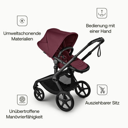Bugaboo Fox 5, 2-in-1 Kinderwagen für jedes Gelände, mit Liegewanne und ausziehbarem Kleinkindsitz, einfach zu manövrieren und Ein-Hand Faltung, Fahrgestell in Schwarz und Sonnendach in Forest Green