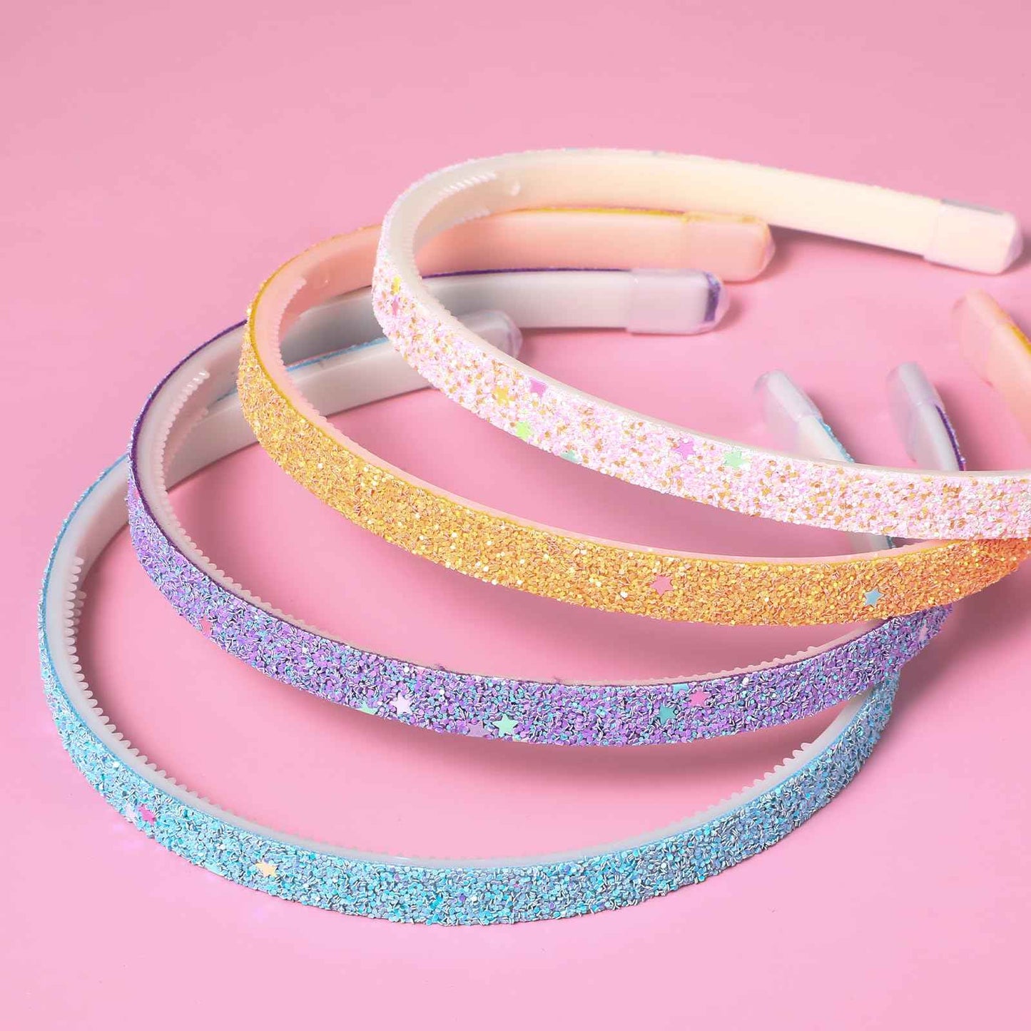 WLLHYF Pack of 4 Glitter Headbands, Colourful Hair Accessories, Plastic, Glittering, Cute, Non-Slip, Thick, Glittery, Confetti, Rainbow Hair Bands with Teeth for Little Girls (2 Gradient 2 Stars)