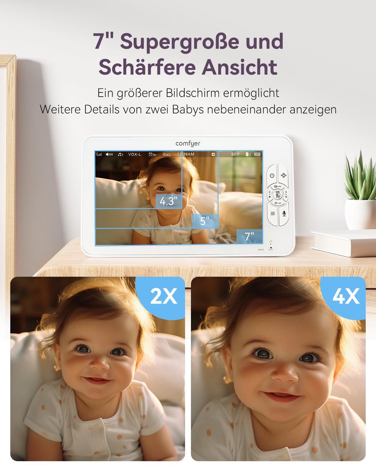 Comfyer BM01 Split-Screen Babyphone mit 2 Kameras, 7" HD 720P ohne WLAN mit Halterung, IR-Nachtsicht VOX-Modus mit Sound-Alarm 2-Wege-Audio 6000mAh 300M Reichweite Videoüberwachungsgerät