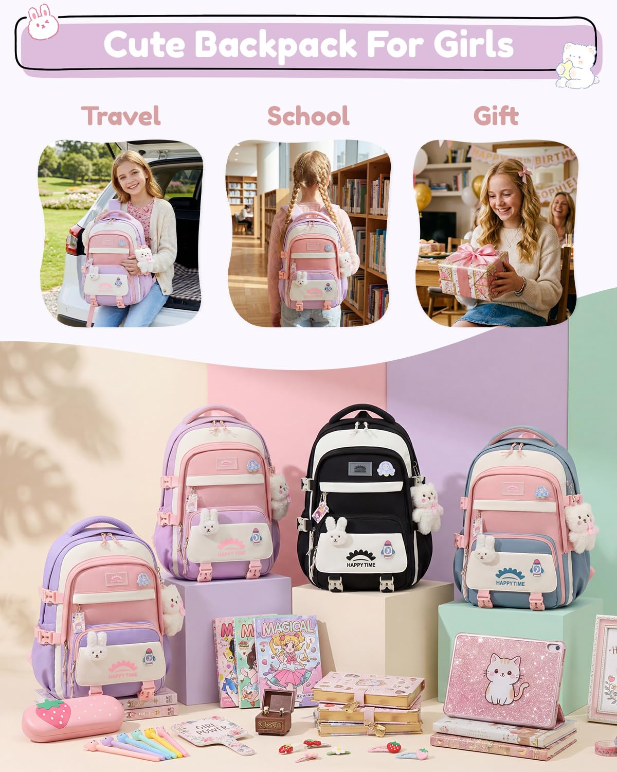 Tanou Schultasche Mädchen, Wasserabweisender Nylon Kinder Schulranzen, 20L | Leichter Schulrucksack für Mädchen der 2. bis 5. Klasse, Rucksack Schule mit Anhänger, Blau