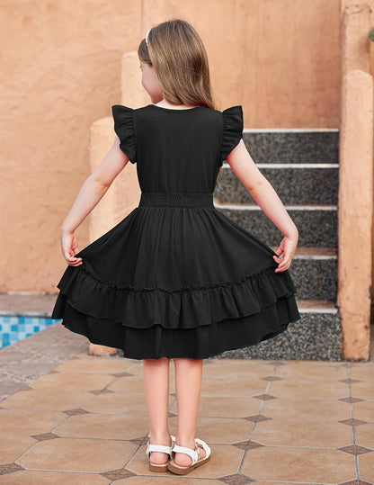 Arshiner Girls Dresses Flutter Sleeves Kids Summer Cotton Formal Dress A-Line Waist Lace-up Casual Dress Swing Dress Elegant Sleeveless Dress for Girls 5-13 Years 
