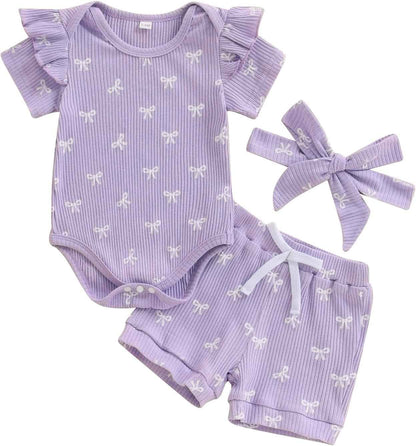 Beauace 3-Piece Baby Girls' Summer Clothing Set Ruffle Short Sleeve Romper + Ruffle Shorts + Headband Baby Set Soft Newborn Going Out Outfit