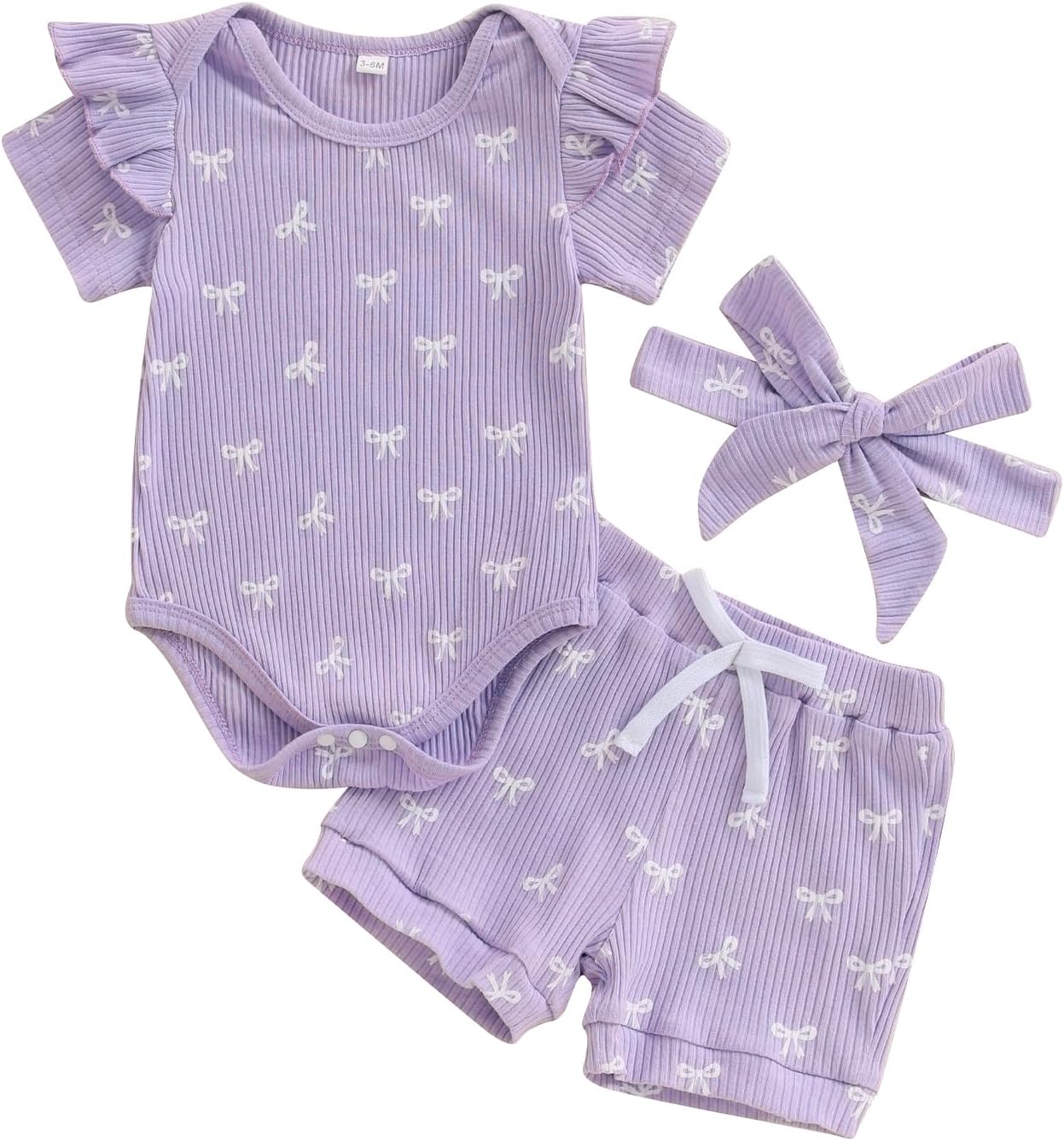3tlg Baby Mädchen Sommer Kleidung Set Rüschen Kurzarm Strampler + Rüschen Shorts + Stirnband Babyset Weiche Neugeborene Ausgehen Outfit