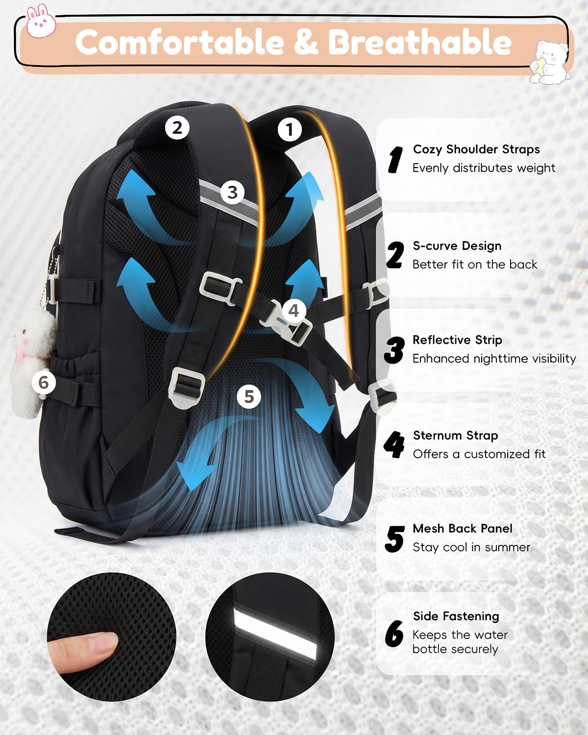 Tanou Schultasche Mädchen, Wasserabweisender Nylon Kinder Schulranzen, 20L | Leichter Schulrucksack für Mädchen der 2. bis 5. Klasse, Rucksack Schule mit Anhänger, Blau
