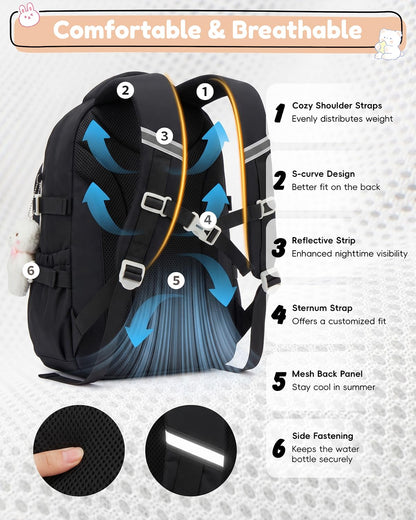 Tanou Schultasche Mädchen, Wasserabweisender Nylon Kinder Schulranzen, 20L | Leichter Schulrucksack für Mädchen der 2. bis 5. Klasse, Rucksack Schule mit Anhänger, Blau