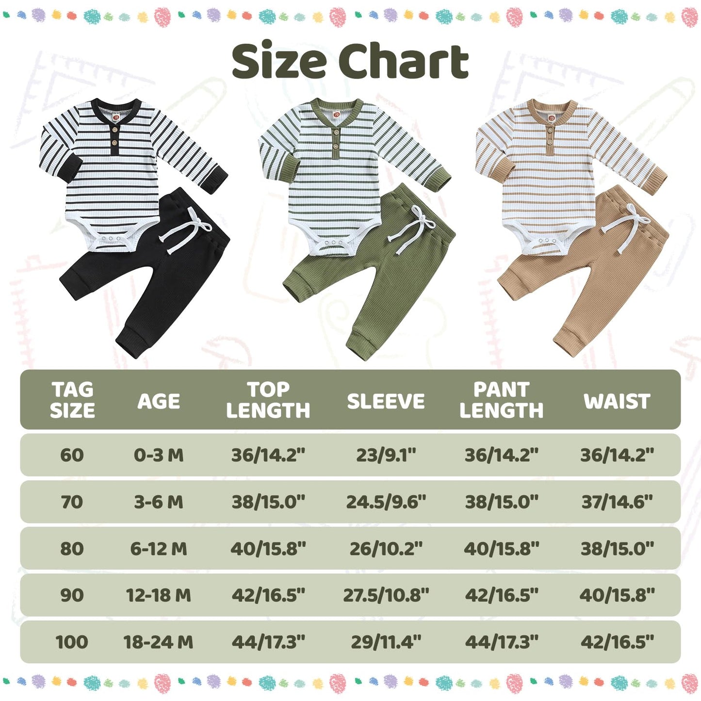 JiAmy Baby Boys' Clothing Long Sleeve Striped Bodysuit Romper + Trousers Outfit Set Newborn Soft Cotton Baby Clothing 0-24 Months