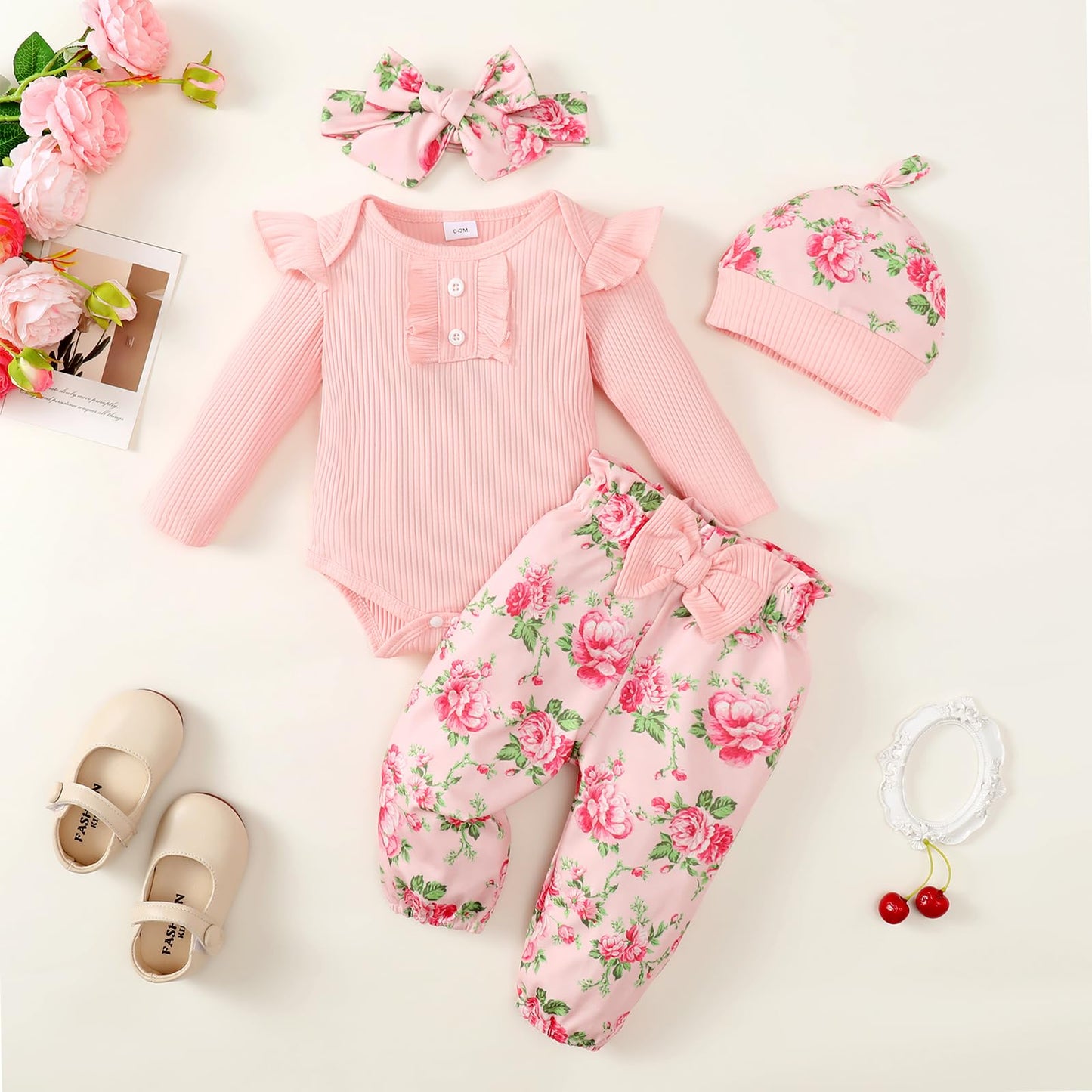 Neugeborenes Baby Mädchen Kleidung Kleinkind Gerippte Rüschen Langarm Strampler + Floral Hosen + Stirnband Nette Herbst Outfit Set
