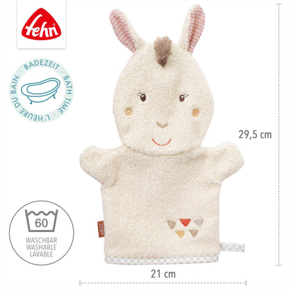 Fehn Waschlappen Lama - Waschhandschuh mit Tiermotiv - Badewannenspielzeug für fröhlichen Badespaß - Babywaschlappen für die Badewanne - weicher Handtuchfrottee für Babys und Kinder ab 0+ Monaten