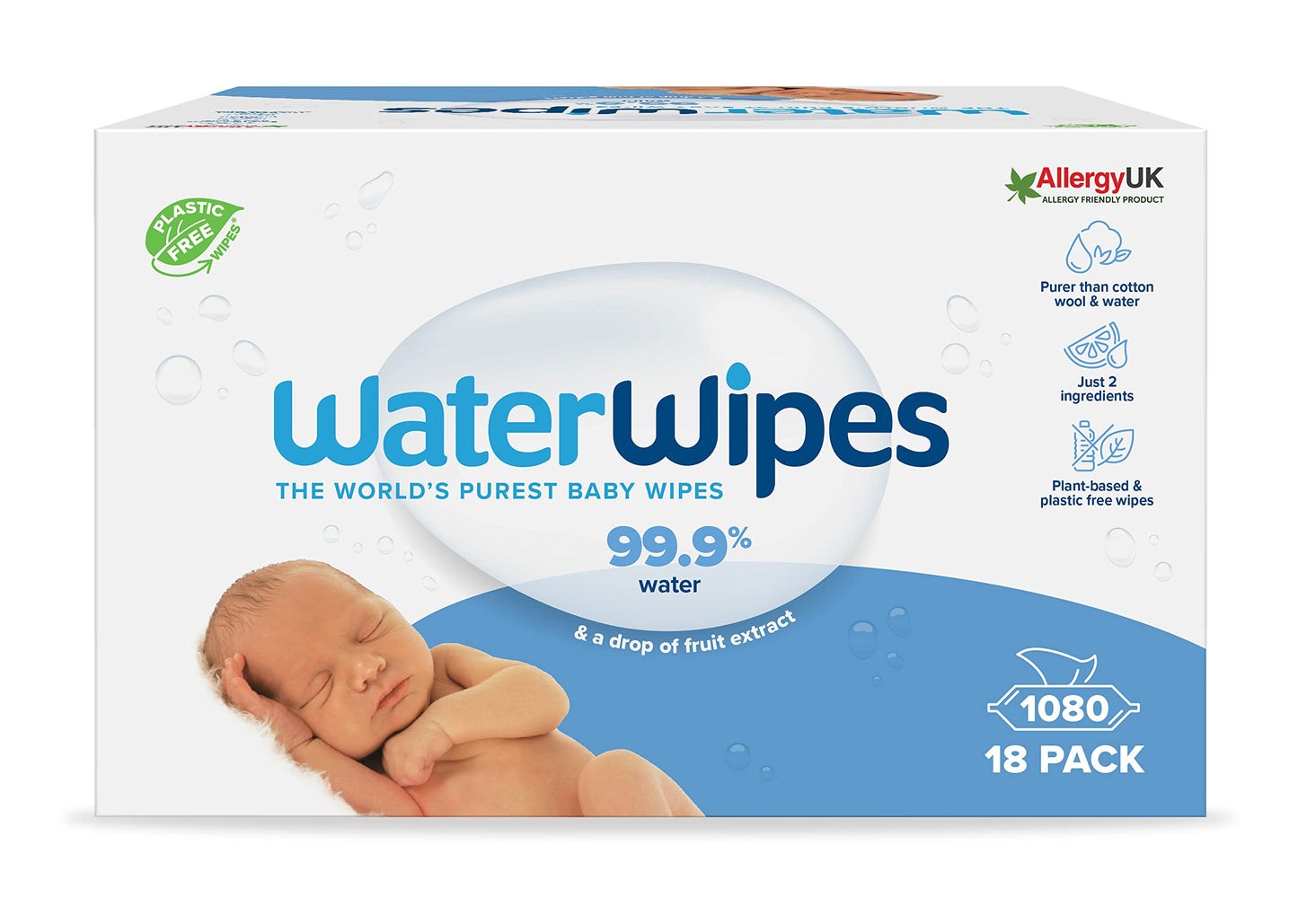 WaterWipes Plastic-Free Original Baby Cleansing Wipes, 360 Wipes (6 Packs), 99.9% Water-Based Cleaning Wipes, Unscented for Sensitive Skin