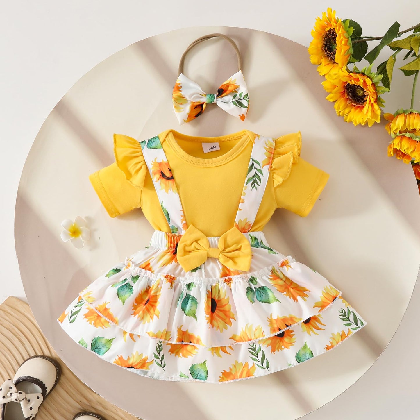 Neugeborenes Baby Mädchen Röcke Sets Kurzarm Rüschen Top + Bedrucktes Overalls Hosenträger Kleid + Stirnband Sommer Kleidung Outfits Set