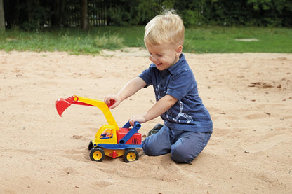 Lena 04151 Aktiv Bagger, ca. 35cm, mit beweglicher Lena Spielfigur, Baustellen Spielfahrzeug für Kinder ab 2 Jahre, robuster Schaufelbagger mit funktionstüchtigen Baggeram und Haltegriff