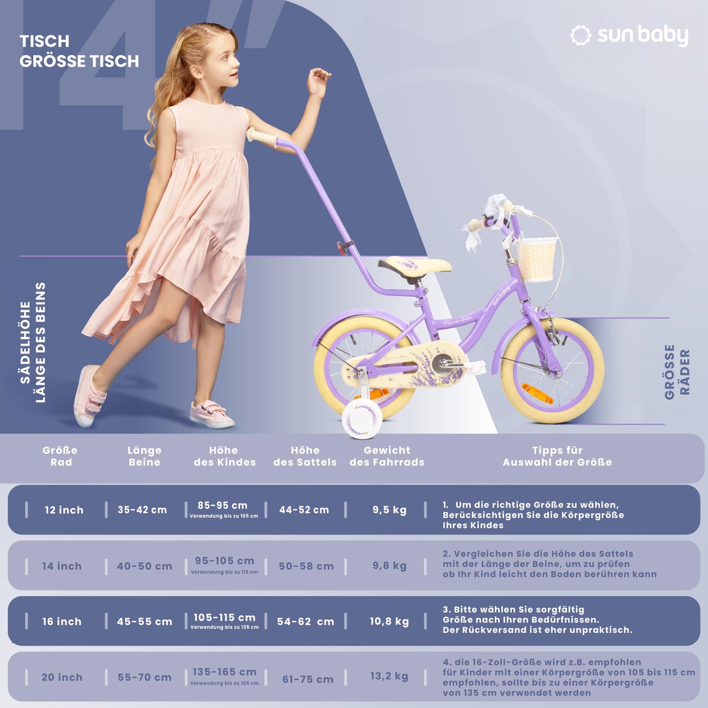 sun baby Mädchenfahrrad Flower Bike Radgröße zur Auswahl, mit Abnehmbarer Schubstange, Kinderfahrrad für Mädchen von 2 bis 6 Jahre
