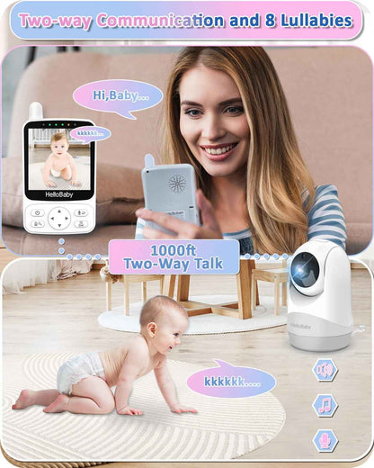 HelloBaby Baby Monitor with Camera, 29 Hours Battery Life, 355°/120° Baby Monitor with Remote Controlled Pan-Tilt Camera, 2x Zoom, Infrared Night Vision Camera, Eco Mode, Up to 305 m, 2-Way Audio