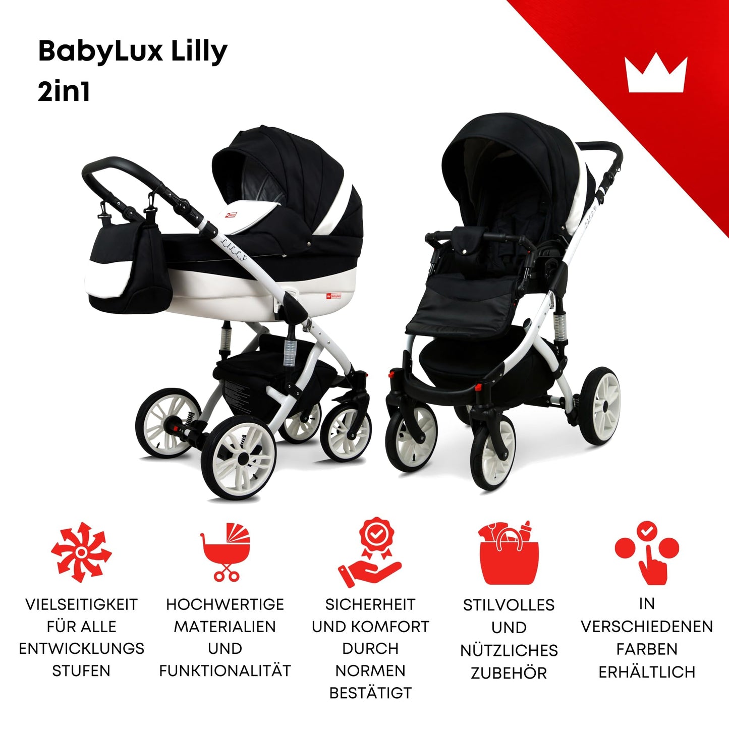BabyLux® Bambimo Kinderwagen Set 3 in 1 - Lilly - incl. Babywanne, Buggy Sportsitz, Auto-Babyschale - Autositz - Kinderwagenset - Kombikinderwagen mit Wickeltasche, Regenschutz usw.