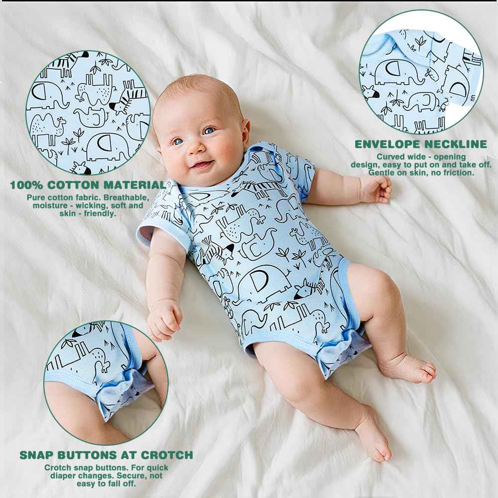 Vicloon Baby Bodysuit Short Sleeve Unisex Baby Set Short Sleeve Bodysuits Made of 100% Super Soft Cotton, Baby Bodysuit with Press Studs for Newborn Baby Boys and Girls 0-3 m/3-6 m/6-9 m/9-12 m