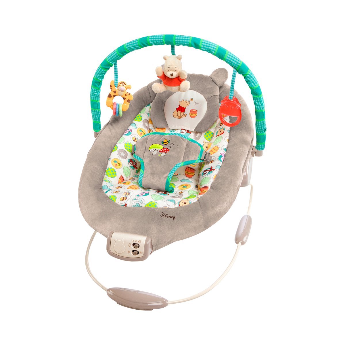 Bright Starts, Disney Baby, Winnie the Pooh Babywippe Babyschaukel mit Vibrationen, Automatischer Ausschaltfunktion, Melodien, Lautstärkeregler, Abnehmbarer Kopfstütze und Spielbogen