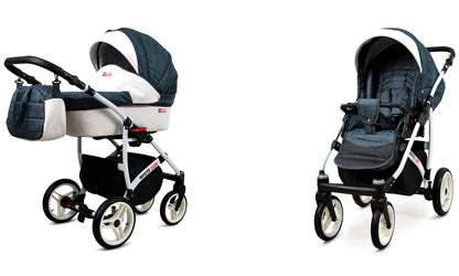 BabyLux® Bambimo Kinderwagen Set 3 in 1 - White Lux - incl. Babywanne, Buggy Sportsitz, Auto-Babyschale - Autositz - Kinderwagenset - Kombikinderwagen mit Wickeltasche, Regenschutz usw.