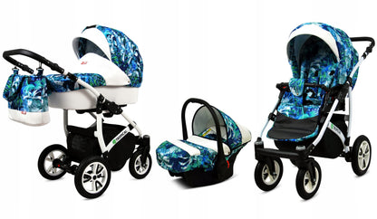 BabyLux® Bambimo Pushchair Set 3 in 1 - Tropical - incl. Baby Carrycot, Buggy Sports Seat, Car Seat - Pram Set - Combination Pram with Changing Bag, Rain Cover etc.