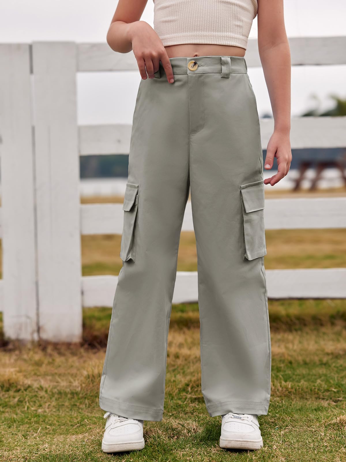 Haloumoning Mädchen Cargohose Baumwoll Y2K Baggy Cargo Hose Kinder Straight Leg Hohe Taille Jogginghose Casual Outdoorhose mit Elastische Taille und Taschen