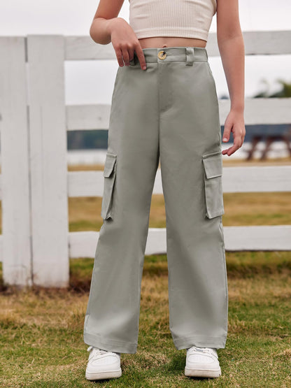 Haloumoning Mädchen Cargohose Baumwoll Y2K Baggy Cargo Hose Kinder Straight Leg Hohe Taille Jogginghose Casual Outdoorhose mit Elastische Taille und Taschen