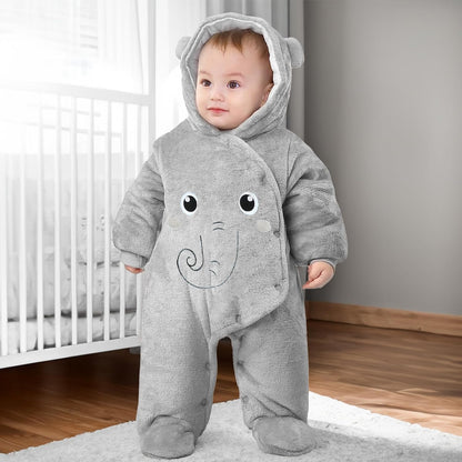 JiAmy Baby-Overall Baby-Strampler Flanell Winter-Strampelanzug mit Füßchen Kapuze Cartoon,Khaki 6-9 Monate