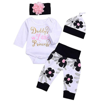 Juflam Cute Newborn Baby Girl Outfit Daddy Little Princess Romper + Flower Trousers + Hat + Flower Headband Set of 4