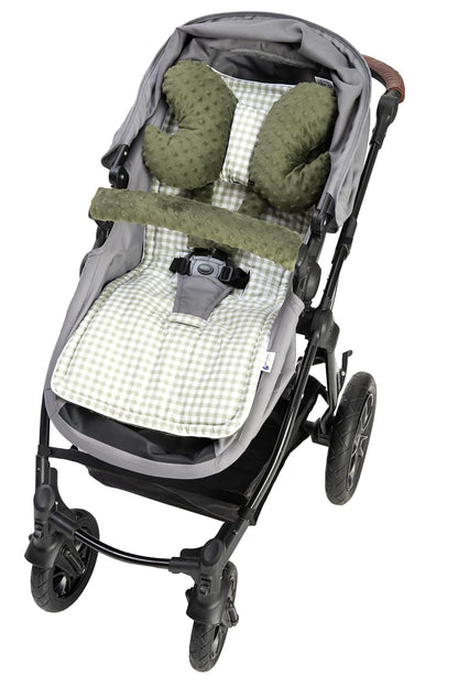 Sitzauflage Kinderwagen Buggy Baby Sommer Kindersitz Einlage Universal - 5tgl Gurtpolster + Spielbogen Kinderwagenset Babyschale (Safari mit beige Minky)