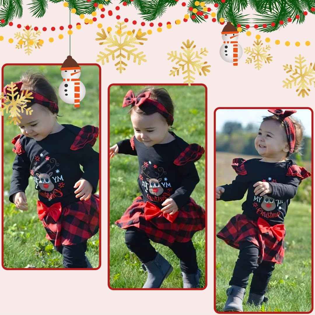 Asmea Baby Christmas Outfit Girls My First Christmas Outfit Newborn Christmas Clothing Christmas Baby Outfit Newborn Set Christmas Clothes Baby Romper + Trousers + Headband 0-18 Months