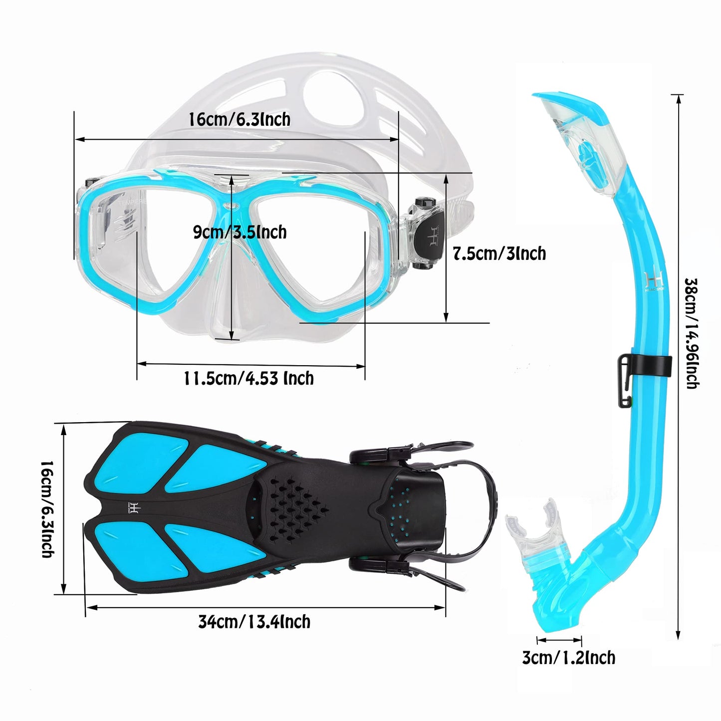 HH HHAO SPORT Children's snorkel set with fins, 180° panorama wide view diving goggles children, adjustable flippers, high-quality diving mask and dry top snorkel