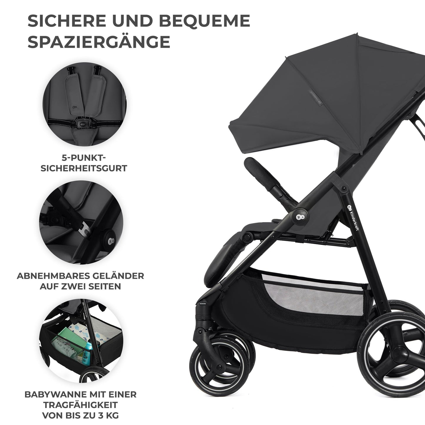 Kinderkraft TRIG 3 Kinderwagen, Kinderbuggy, Liegewagen, Sportwagen, Buggy, Zusammenklappen, Breite und tiefe Sitz, mit Liegeposition, 4 Rad Dämpfung, Große Dach, 5-Punkt-Gurt, bis zu 25 kg, Beige - Meloni2