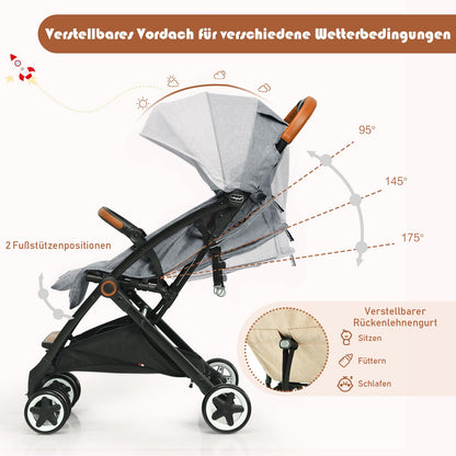 DREAMADE Children's Buggy Foldable with Reclining Function, Pram for Baby 0-3 Years, Foldable Buggy with 5-Point Safety Belt & Storage Basket & Brake (Grey)