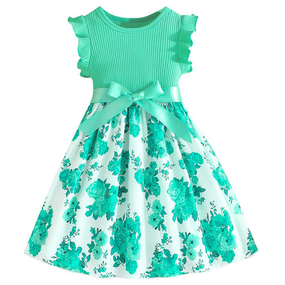Codkkre Mädchen Kleid Blumen Bowknot Kinder Kleider Rüschenärmel A-Linie Mädchen Kleid Sommer Ostern Mädchen Kleid Rundhals 104 110 116 122 128