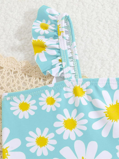 JiAmy Einteiliger Mädchen Badeanzug Blumenmuster Rüschen Elastischen Trägern Ärmellos Kleinkinder Schwimmkleidung für 2–7 Jahre/92-122