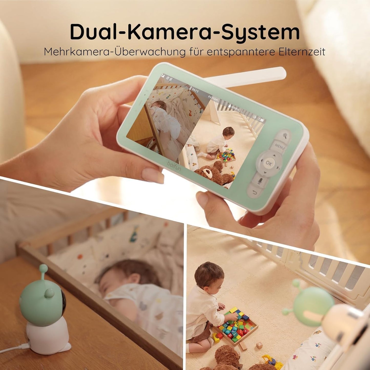 BOIFUN Babyphone mit Kamera 2K, 5-Zoll-Display, 360° PTZ, Nachtlicht | Nachtlicht, IR Nachtsicht, 360° Kamera, Handy, Weinen/Bewegungs/Geräuscherkennung, Bewegungsverfolgung, Temp&Feuchteerfassung