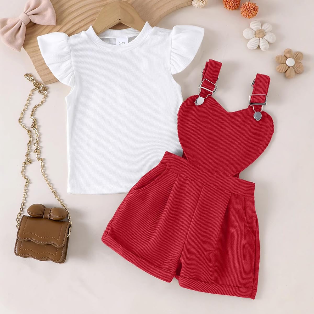 Baby Mädchen Sommer Outfits Rüschen Kurzarm Ripptop+ Blumen/Herzmuster Overalls Shorts Mit Tasche Süßes 2-Teiliges Kleidungsset
