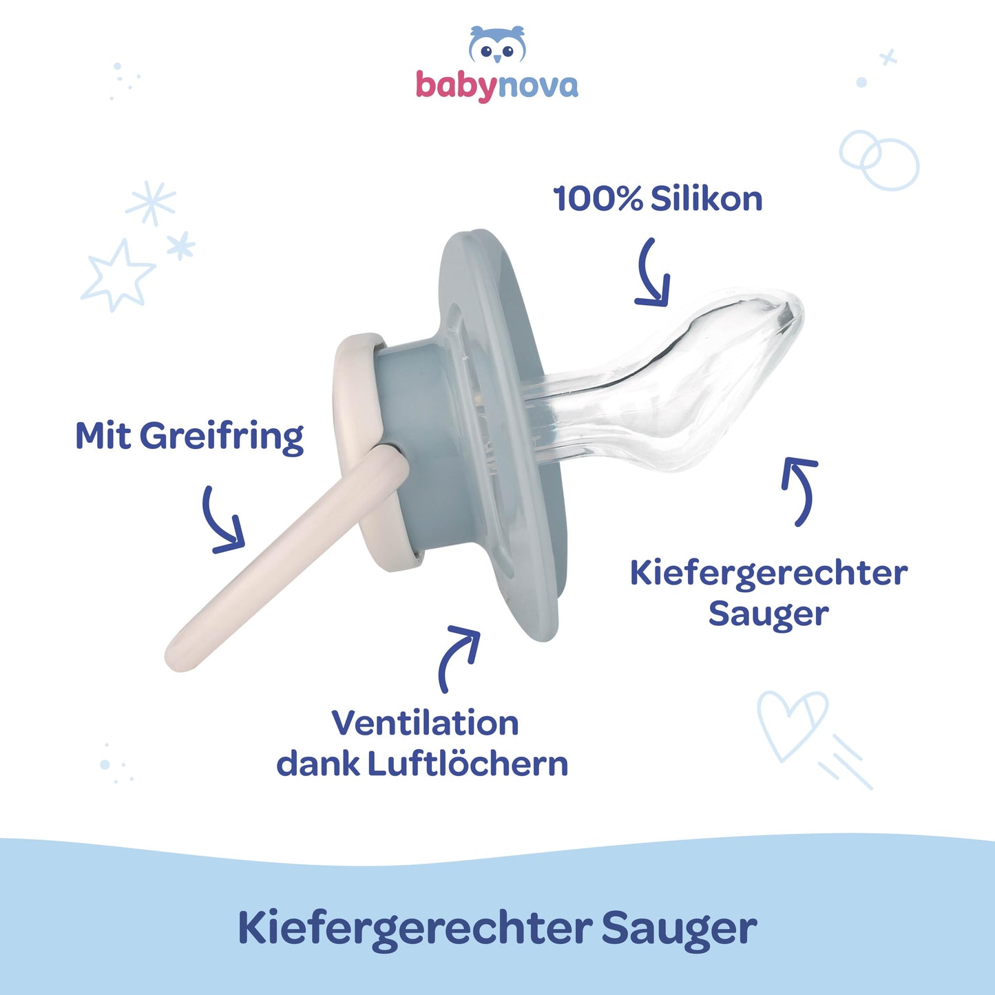 babynova Silikon Schnuller 2er-Set mit Sterilisationsbox - Schnuller Größe 1, 0-6 Monate - kiefergerechter Nuckel – BPA-frei – Made in Germany - Elefanten