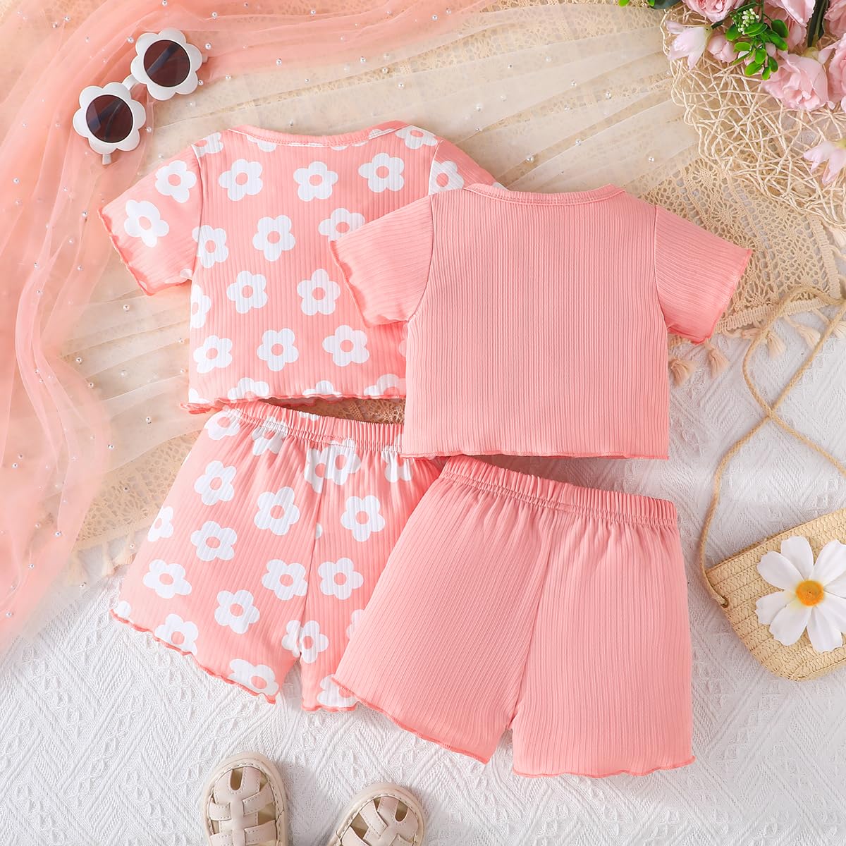 Kleinkind Baby Mädchen Kleidung Set Rüschen gerippt Kurzarm / Langarm T-Shirt Tops + Shorts Hosen 4 Stück Sommer Herbst Süße Outfits Set