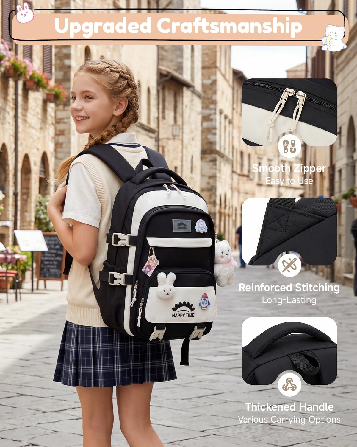 Tanou Schultasche Mädchen, Wasserabweisender Nylon Kinder Schulranzen, 20L | Leichter Schulrucksack für Mädchen der 2. bis 5. Klasse, Rucksack Schule mit Anhänger, Blau