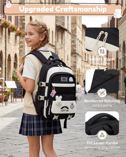 Tanou Schultasche Mädchen, Wasserabweisender Nylon Kinder Schulranzen, 20L | Leichter Schulrucksack für Mädchen der 2. bis 5. Klasse, Rucksack Schule mit Anhänger, Blau