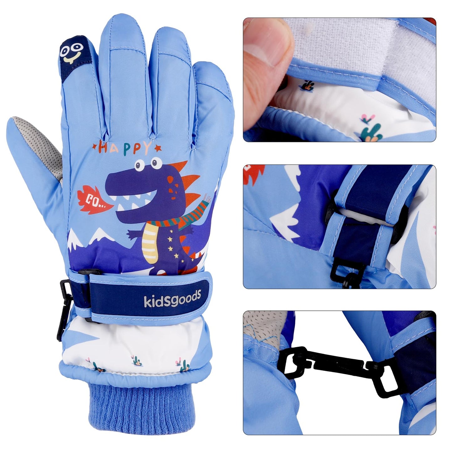 KAKU NANU Children's Winter Gloves 2-10 Years Ski Gloves Waterproof Warm Fleece Cartoon Children's Gloves Mittens with Cord Outdoor Snowboard Gloves Children Boys Girls Blue Red Pink Purple