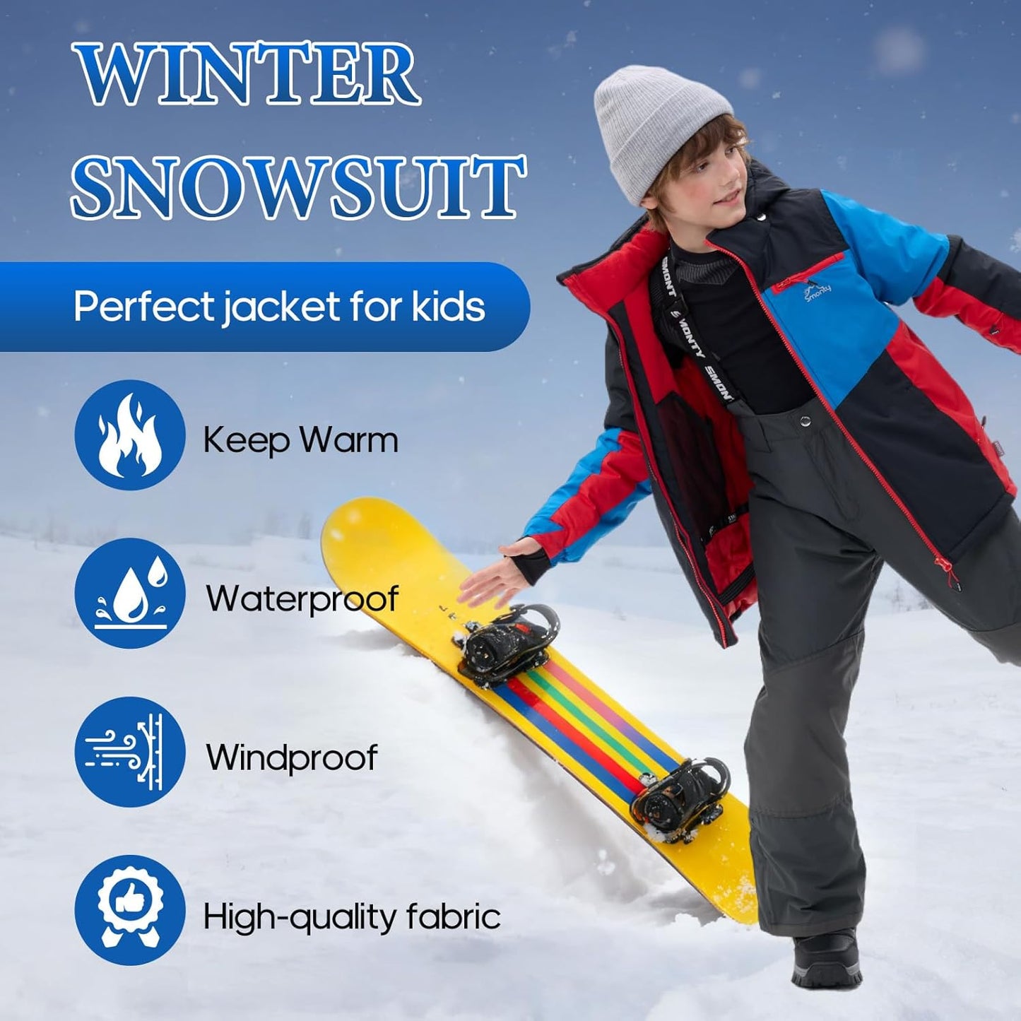 Kinder Schneeanzug für Jungen, Winter Skijacke und Hosen Set mit Kapuzenriemen, winddicht, wasserdicht, warmer Mantel