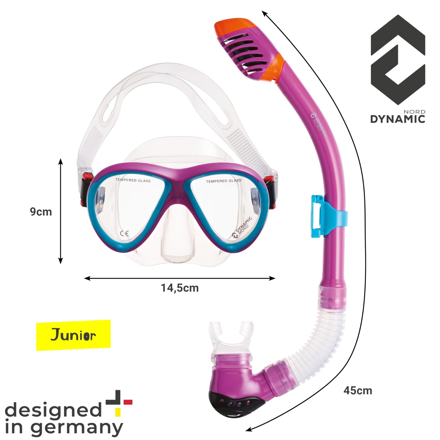 DYNAMICNORD - Kinder Schnorchelset – Designed in Germany – Profi Silikon 2er Set Tauchset Schnorchelset für Kinder (Taucherbrille, Trocken Schnorchel & Netztasche) mit Dry Schnorchel & Sicherheitsglas