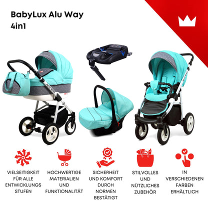 BabyLux® Kinderwagen Set 4 in 1 - Alu Way - incl. Babywanne, Buggy Sportsitz, Auto-Babyschale, ISOFIX-Basisstation - Autositz - Kinderwagenset - Kombikinderwagen mit Wickeltasche usw.