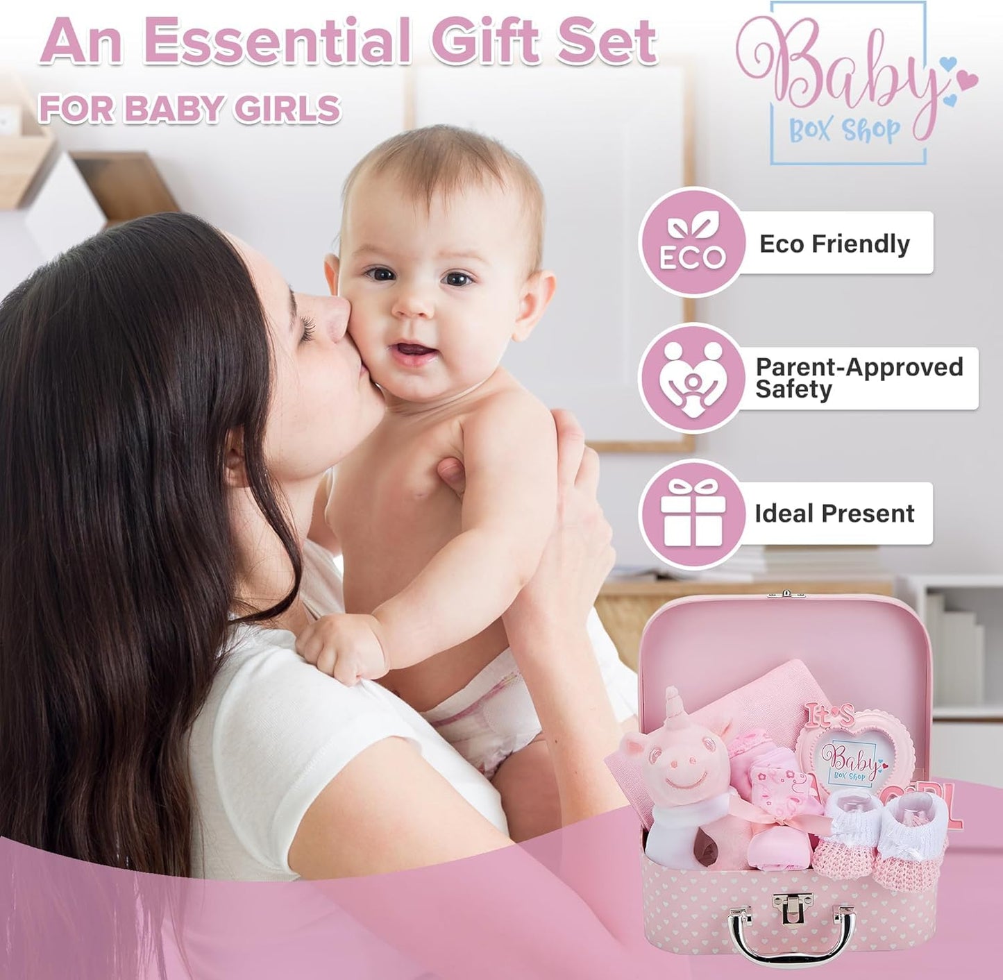 Box Shop Babyparty Mädchen Geschenk - 7 Baby Geschenkset, Für Neugeborenes, Zur Geburt - Rosa
