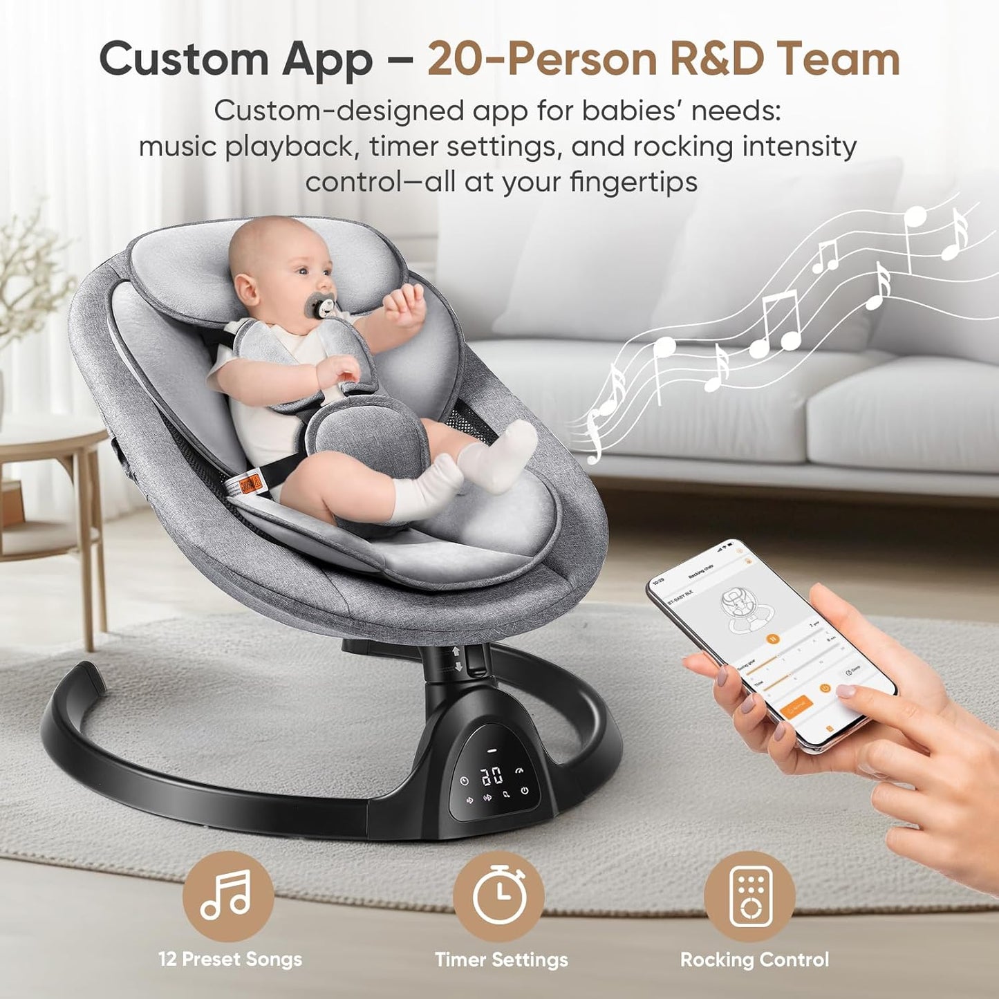 Kiloston Elektrische Wippe Baby - Babyschaukel Elektrisch mit APP- und Bluetooth-Steuerung, 5-Punkt-Sicherheitsgurt, 5 Geschwindigkeiten und Fernbedienung - Tragbare Babywippe Neugeborene