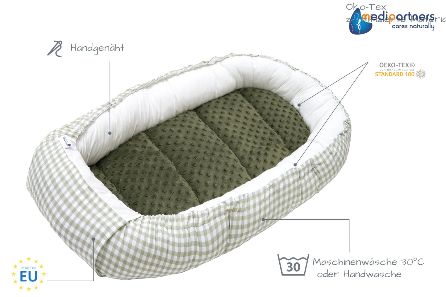 Medi Partners Babynestchen Babynest Set 100x60x15 Kuschelnest 5 teilig herausnehmbarer Einsatz Kokon Nestchen Babys Neugeborene 100% Baumwolle (REH mit Grauem Minky)